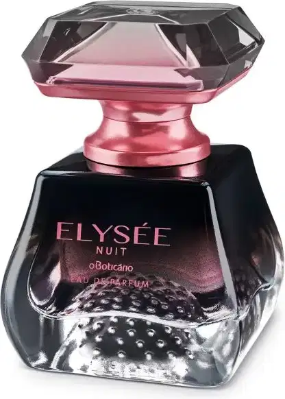 Frasco elegante e luxuoso feito de vidro transparente em preto e transparente com borrifador e letras douradas, tampa transparente em formato de cristal lapidado, contendo 50ml de Eau de Parfum Elysée Nuit.