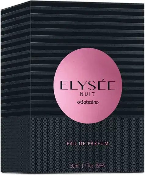 Caixa preta com círculo dourado no centro contendo um vidro de Eau de Parfum Elysée Nuit