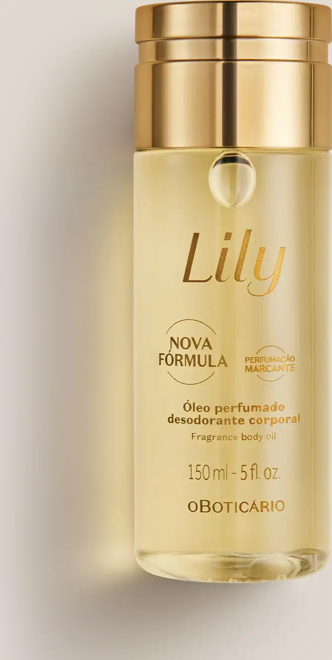 Frasco transparente bege com líquido claro, tampa e letras douradas, contendo 150ml de óleo perfumado desodorante corporal da marca Lily, posicionado sobre superfície neutra bege.