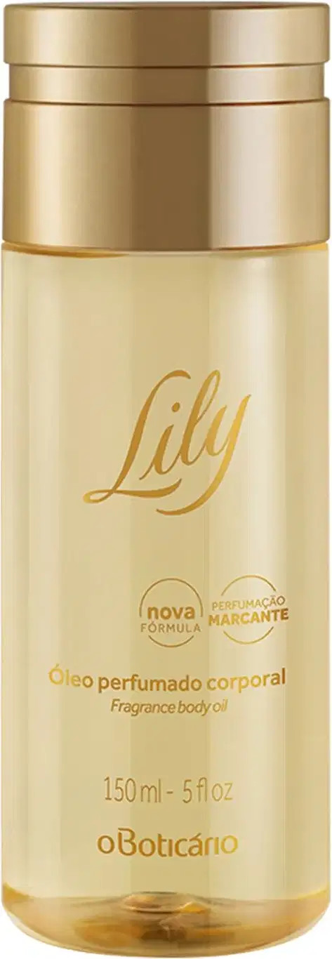 Frasco transparente bege com líquido claro, tampa e letras douradas, contendo 150ml de óleo perfumado desodorante corporal da marca Lily.