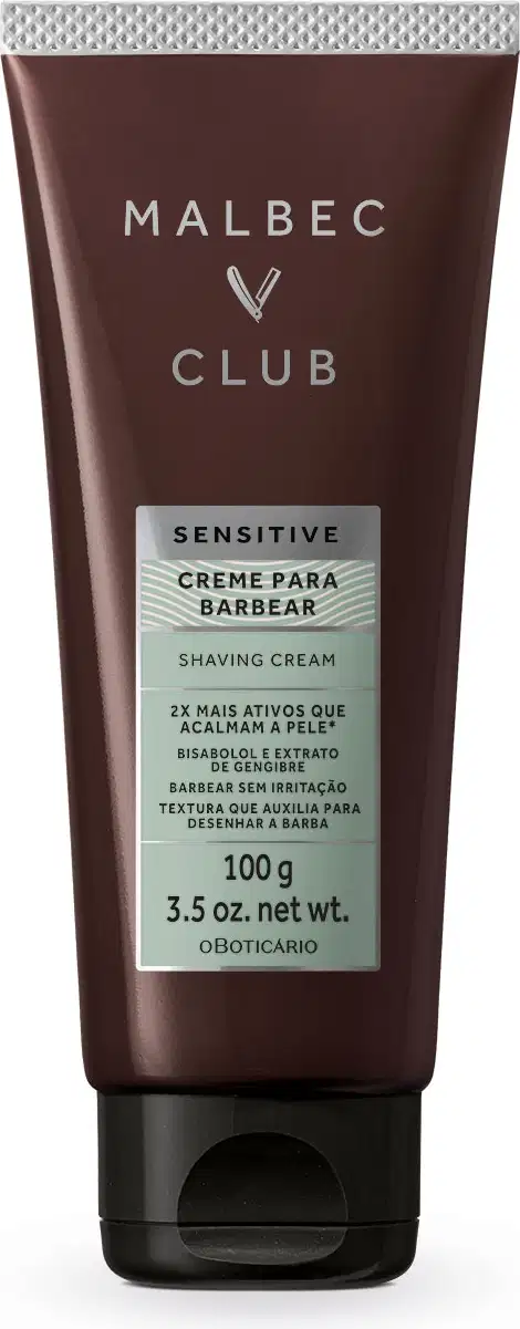 Tubo de creme para barbear da marca Malbec Club, com embalagem marrom e rótulo branco. Possui texto "Sensitive Creme para Barbear" e informações sobre o produto, como peso líquido de 100g e textura que auxilia na definição da barba.