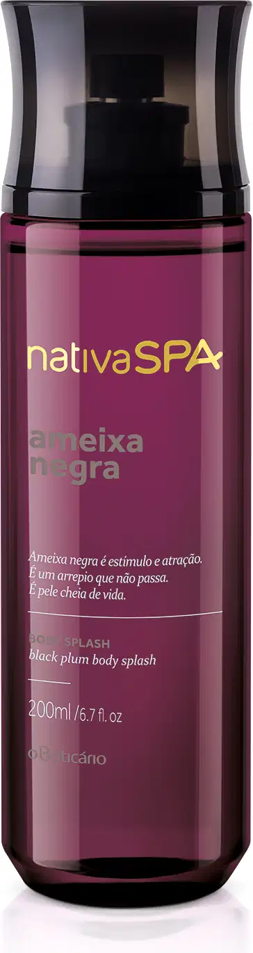 Frasco cilíndrico roxo transparente com tampa preta e letras douradas, brancas e roxas, contendo 200ml de body splash Nativa SPA Ameixa Negra.