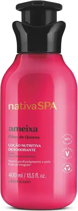 Frasco rosa vibrante com tampa dosadora preta e letras douradas, brancas e pretas contendo 400ml de loção hidratante corporal Nativa SPA Ameixa.
