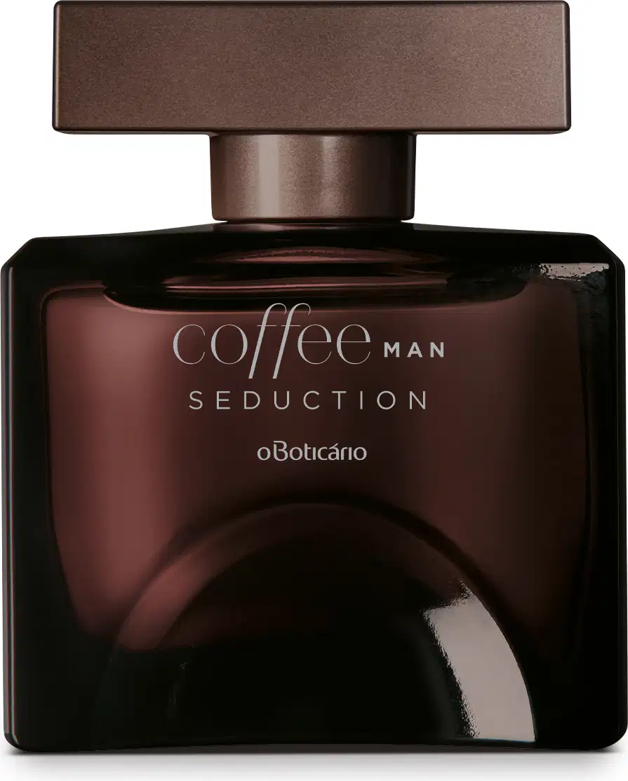 Frasco quadrado marrom com tampa retangular na mesma cor e letras cinzas, contendo 100ml de desodorante colônia Coffee Man Seduction.