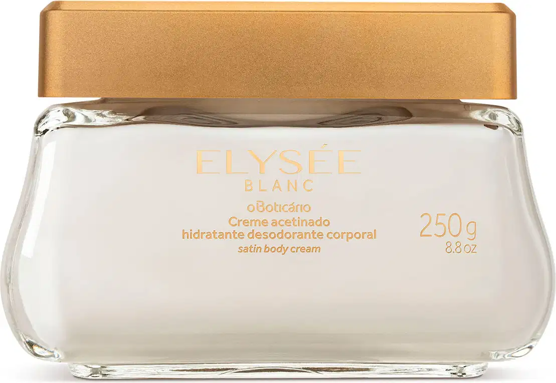 Pote de vidro transparente com creme branco, tampa e letras douradas, contendo 250g de creme acetinado hidratante da marca Elysée Blanc.