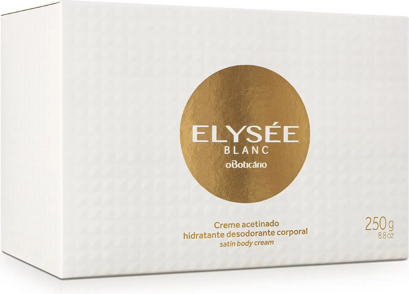 Caixa branca e dourada que contém um pote de creme acetinado corporal da marca Elysée Blanc,