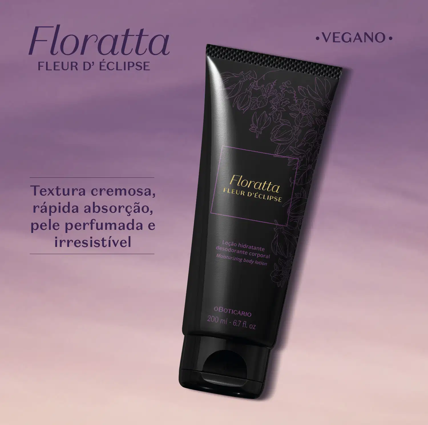 Bisnaga preta com letras e detalhes dourados contendo 200g de loção hidratante corporal Floratta Fleur d' Éclipse sobre fundo degradê roxo e rosa, com texto descritivo e marca Oboticário visível na embalagem.