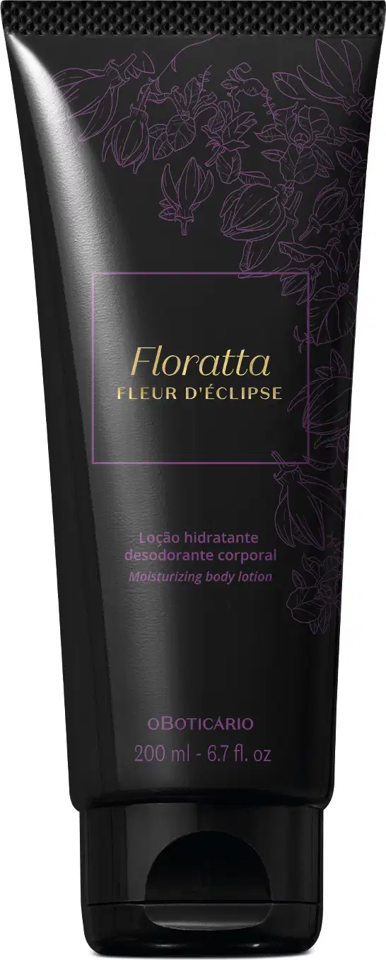 Bisnaga preta com letras e detalhes dourados contendo 200g de loção hidratante corporal Floratta Fleur d' Éclipse.