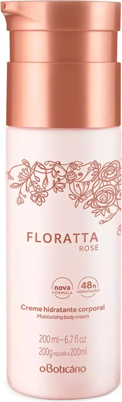 Frasco rosa com tampa e letras na cor rosé gold, contendo 200ml de creme hidratante corporal da marca Floratta Rose.