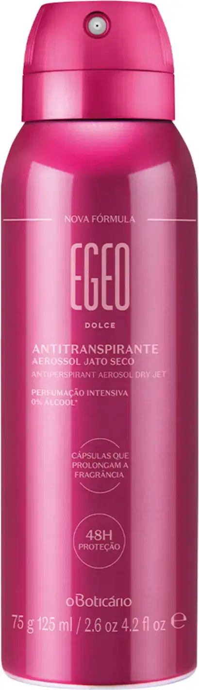 Frasco rosa vibrante com letras rosa claro contendo 75g/125ml de desodorante antitranspirante aerossol Egeo Dolce.