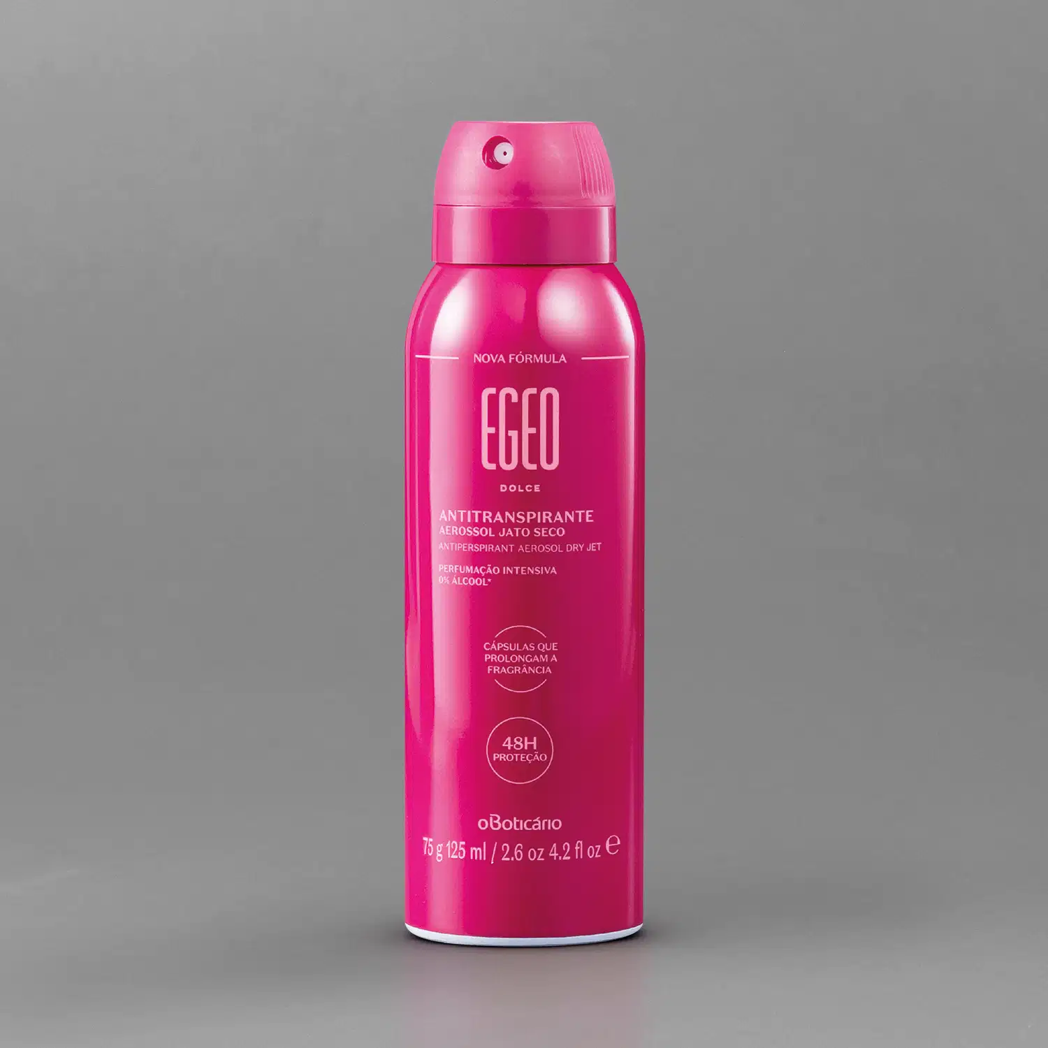 Frasco rosa vibrante com letras rosa claro contendo 75g/125ml de desodorante antitranspirante aerossol Egeo Dolce sobre fundo cinza.