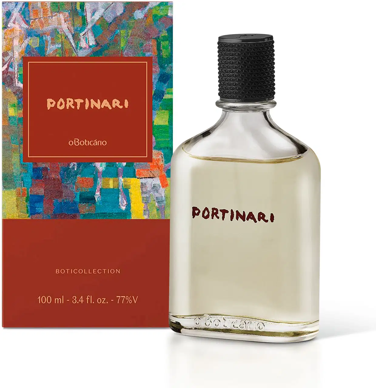 Caixa metade vermelha e metade colorida com rótulo vermelho e letras brancas ao lado de um frasco transparente com líquido bege, tampa preta e letras marrons contendo 100ml de desodorante colônia Boticollection Portinari.