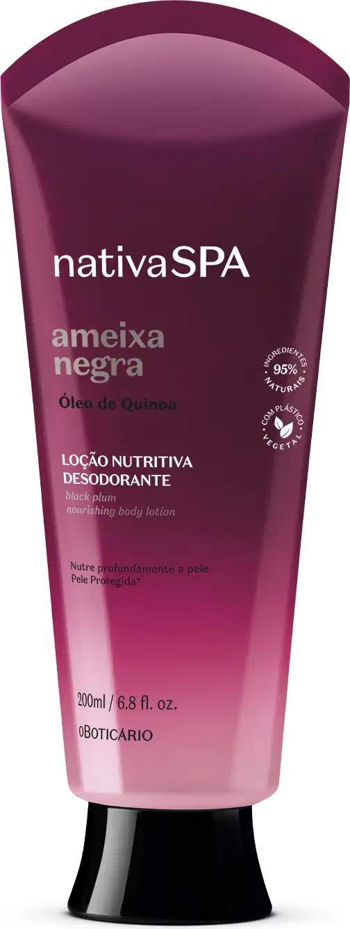 Bisnaga com degradê de roxo escuro e branco, tampa preta e letras douradas, brancas e pretas, contendo 200ml de loção nutritiva corporal da marca Nativa SPA Ameixa Negra.