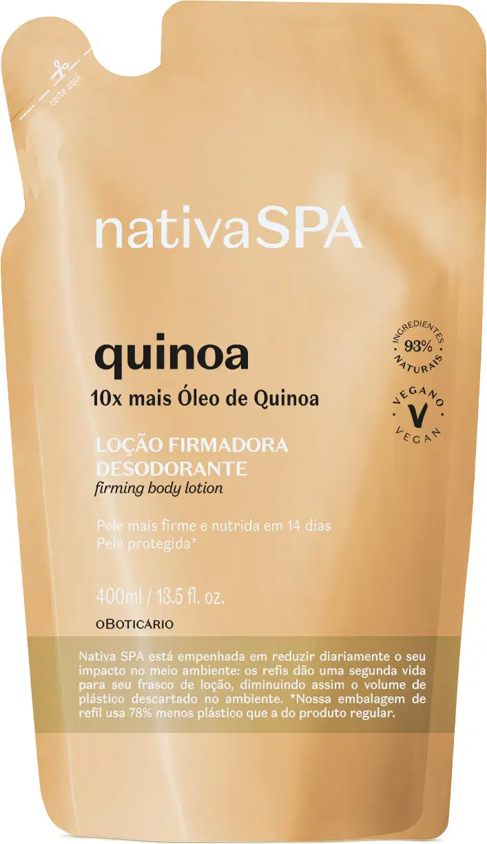 Refil de loção firmadora hidratante corporal Nativa SPA Quinoa em sachê de 400ml na cor bege  com letras douradas, pretas e brancas.