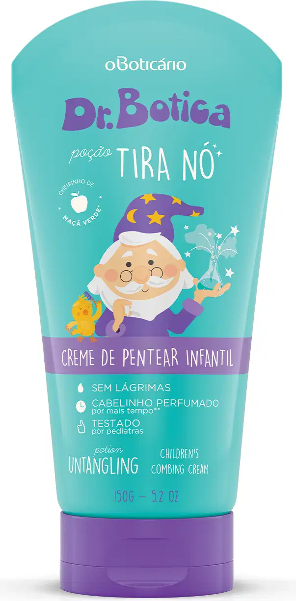 Bisnaga de creme de pentear Poção Tira Nó da marca Dr. Botica em dois tons de azul com ilustração do personagem da marca.