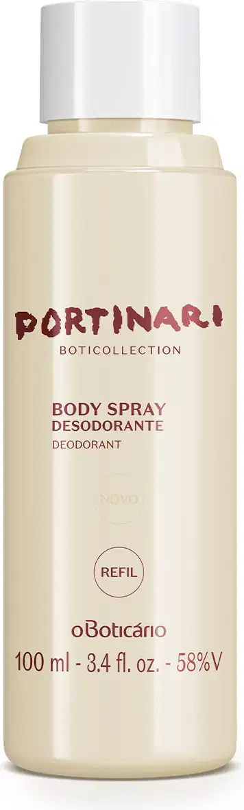 Refil de body spray Boticollection Portinari em frasco de 100ml na cor branca com letras marrons e tampa branca.