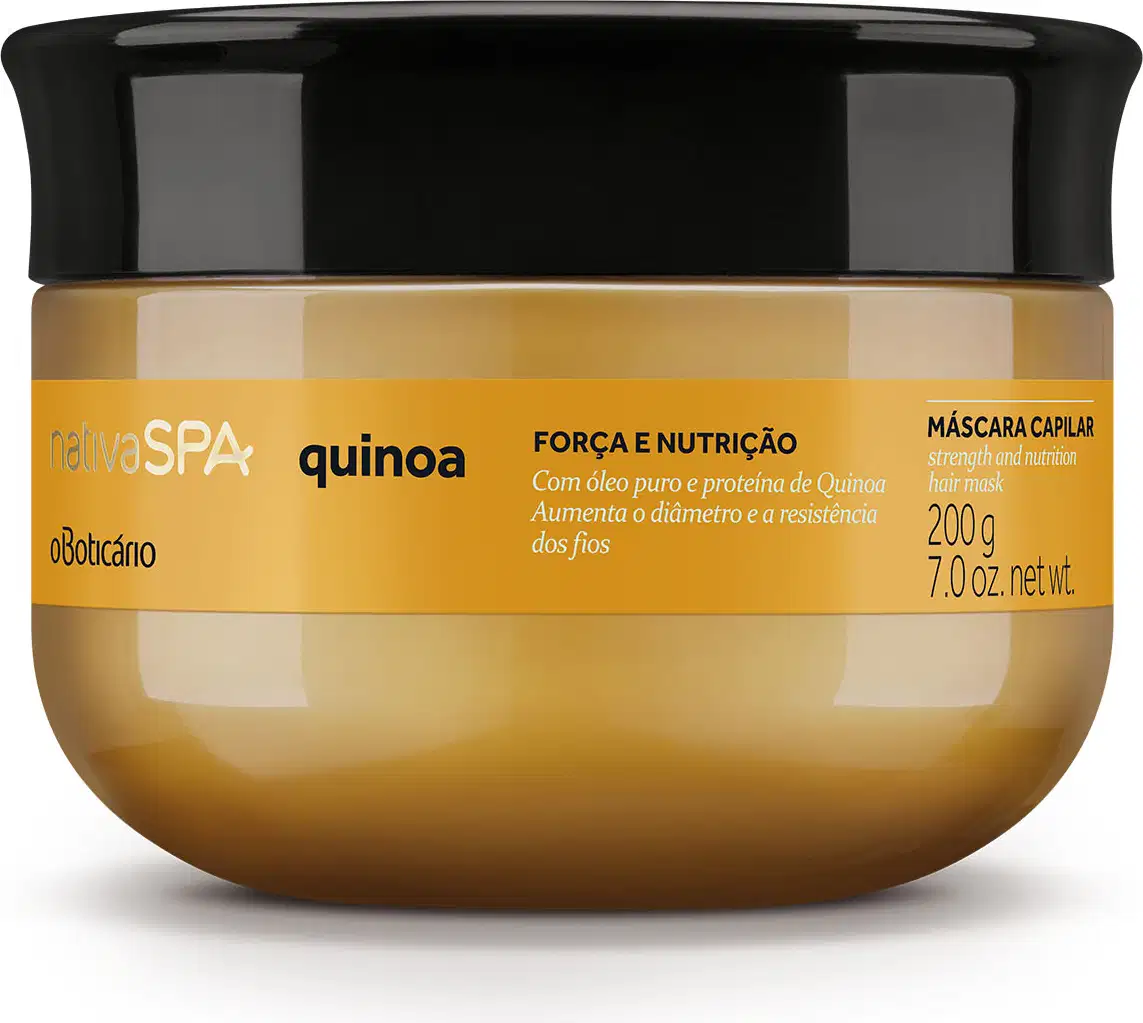 Pote amarelo com tampa preta e letras brancas e pretas contendo 200g de máscara capilar da marca Nativa SPA Quinoa.