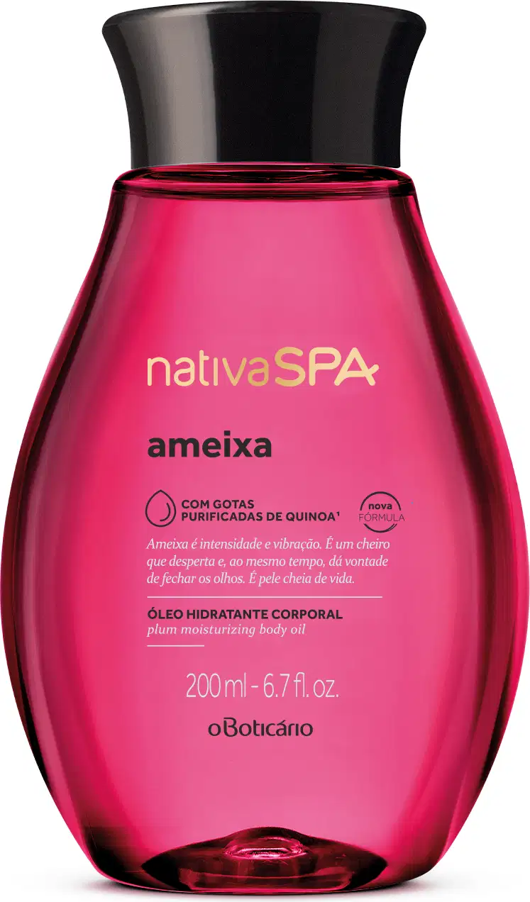 Frasco transparente rosa com líquido rosado, tampa preta e letras douradas, pretas e cinzas, contendo 200ml de óleo hidratante corporal da marca Nativa SPA Ameixa.
