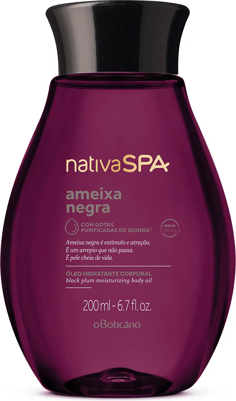 Frasco roxo com tampa preta e letras douradas, lilás e brancas, contendo 200ml de óleo hidratante corporal da marca Nativa SPA Ameixa Negra.