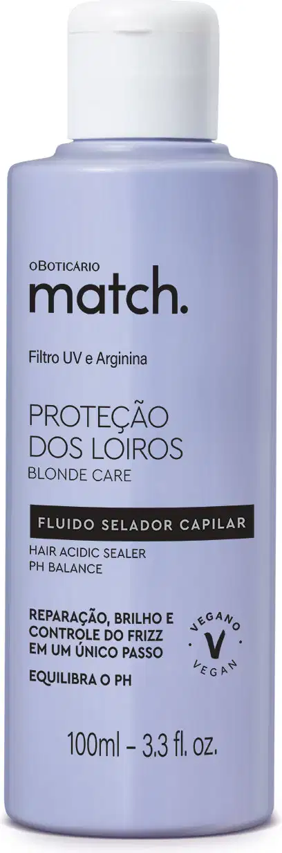 Frasco azul claro com tampa branca, letras e detalhes pretos, contendo 100ml de fluído selador capilar Match Proteção dos Loiros.