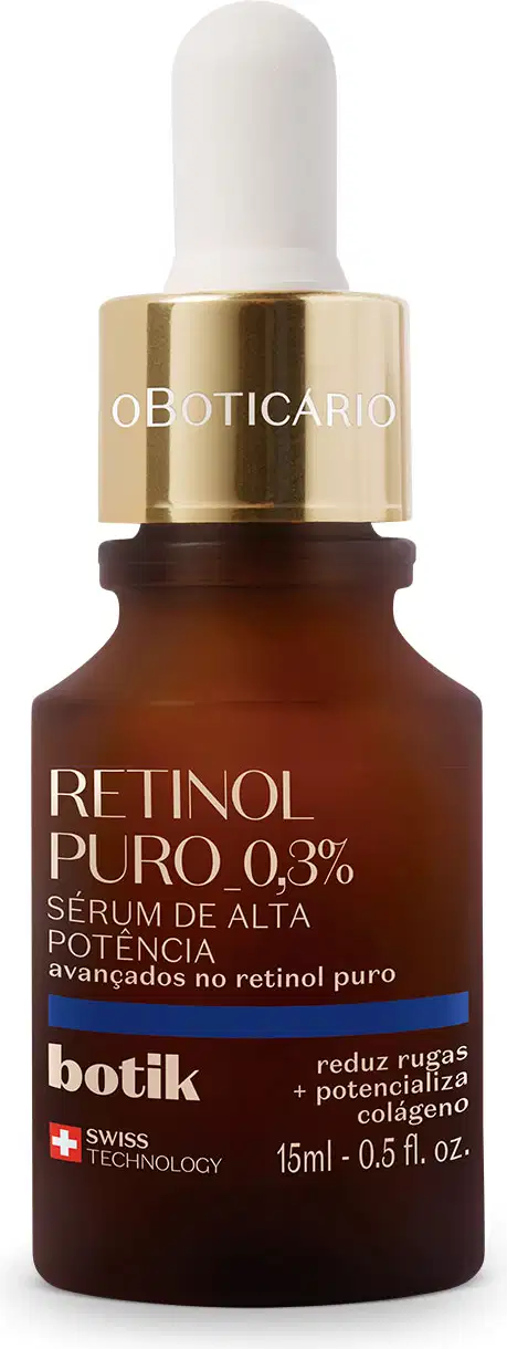 Vidro marrom com tampa dourada, conta-gotas branco, letras bege e detalhe azul contendo 15ml de sérum facial de alta potência Botik Retinol Puro.