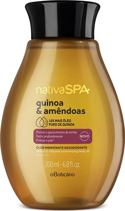 Frasco em formato oval marrom transparente, mostrando o líquido dentro, com tampa preta e letras douradas e pretas, contendo 200ml de óleo desodorante hidratante corporal da marca Nativa SPA Quinoa & Amêndoas 