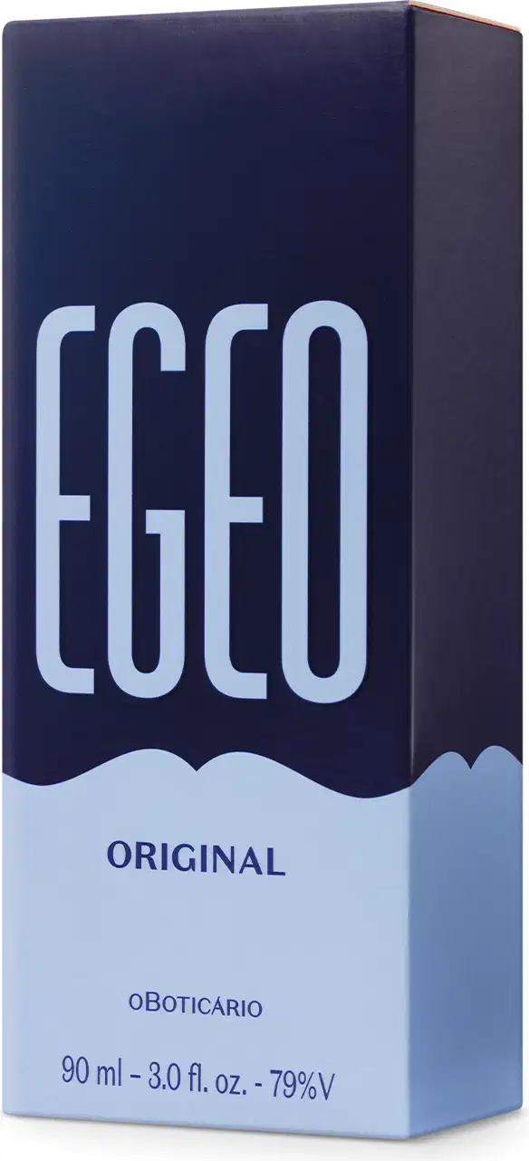 Caixa azul marinho e azul claro contendo um vidro de desodorante colônia Egeo Original.