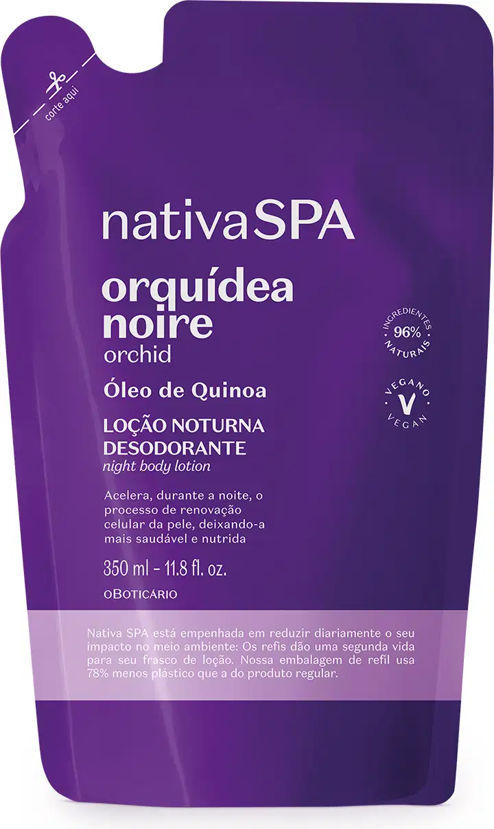 Refil de loção noturna corporal Nativa SPA Orquídea Noire em sachê de 350ml na cor roxa com detalhe lilás e letras douradas e brancas.