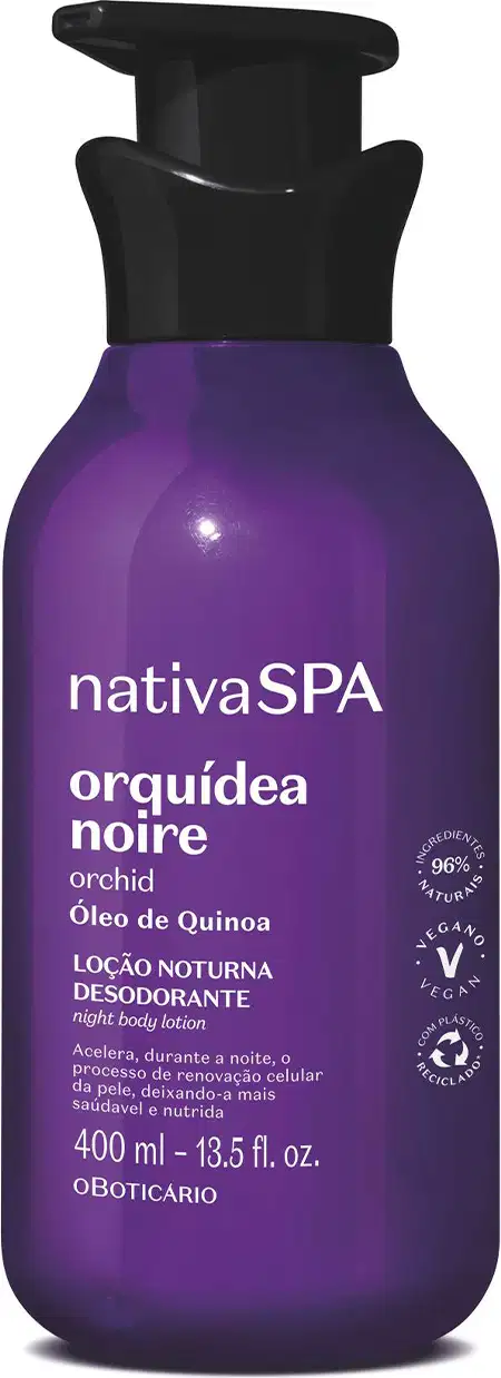 Frasco roxo com tampa dosadora preta e letras douradas e brancas contendo 400ml de loção noturna corporal Nativa SPA Orquídea Noire.