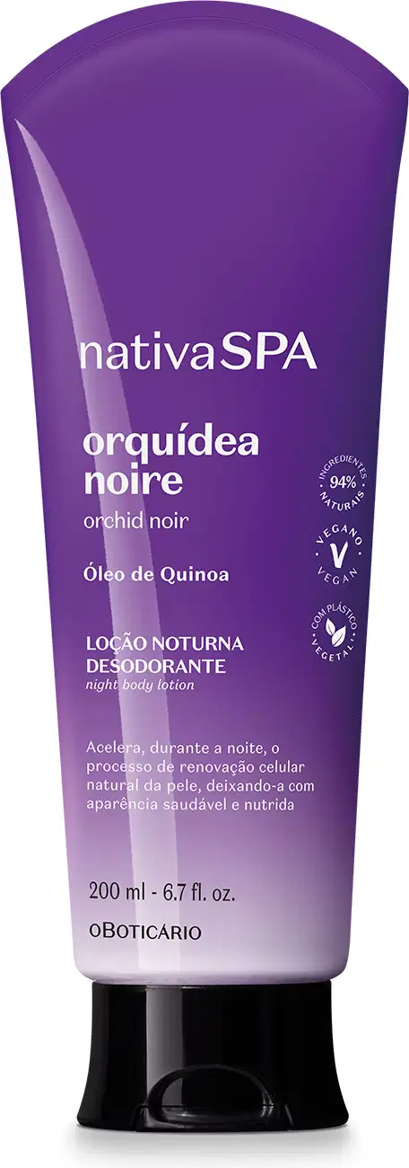 Bisnaga com degradê de roxo e branco, tampa preta e letras douradas e brancas contendo 200ml de loção noturna corporal Nativa SPA Orquídea Noire.