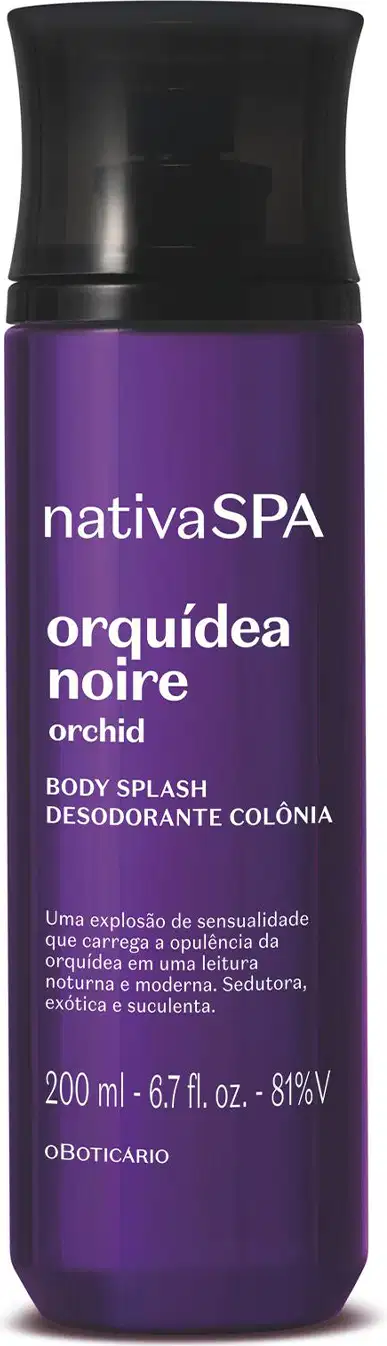 Frasco roxo escuro com tampa preta e letras brancas contendo 200ml de body splash da marca Nativa SPA Orquídea Noire.