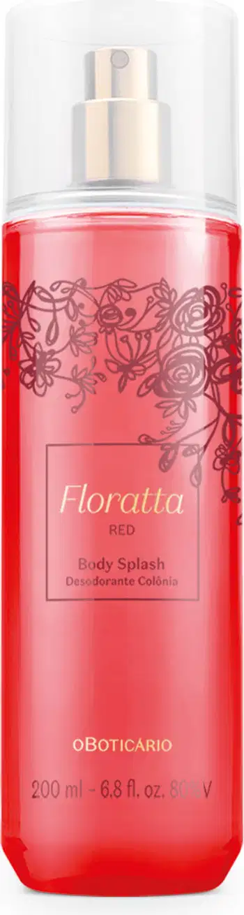 Frasco rosa com detalhes em vinho e letras douradas, pulverizador prateado e tampa cristal contendo 200ml de body splash Floratta Red.