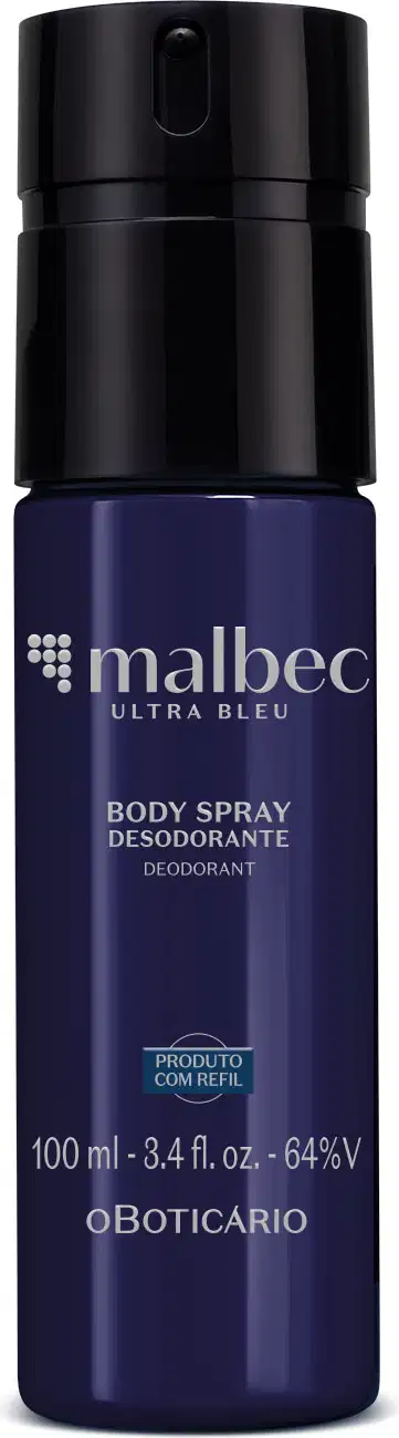 Frasco azul escuro com letras cinzas contendo 100ml de body spray Malbec Ultra Bleu.