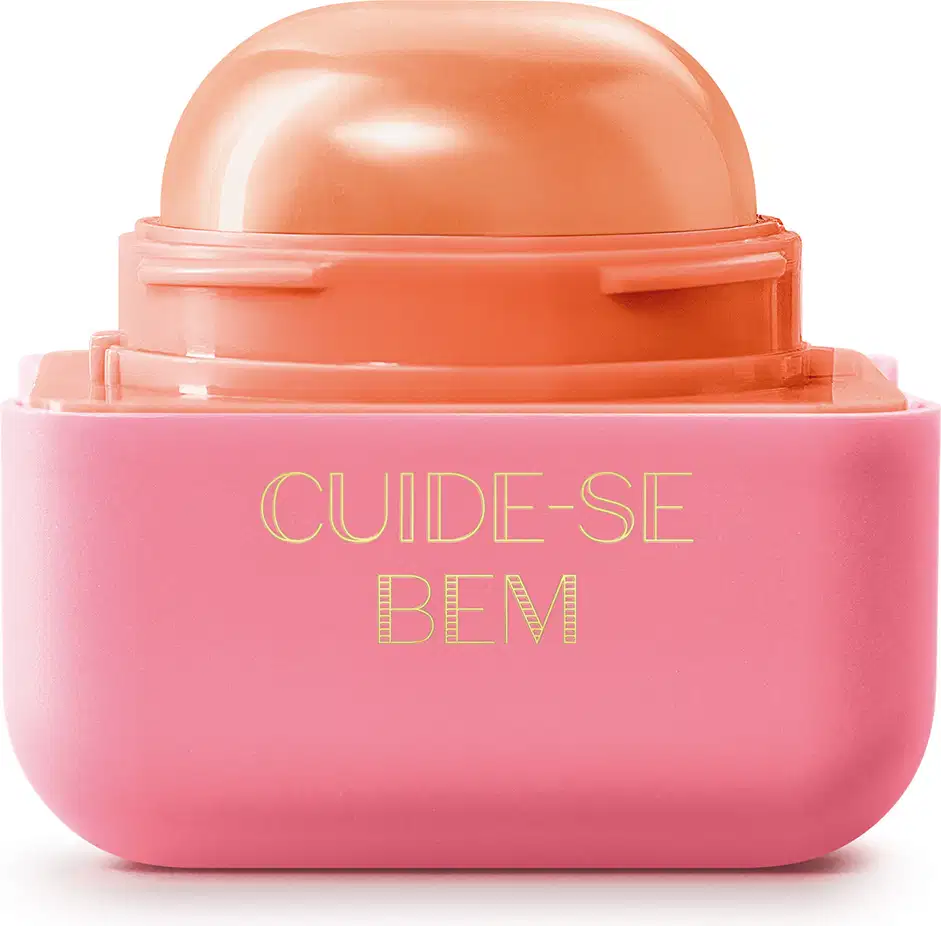 Pote compacto com cantos arredondados nas cores rosa e laranja com roll-on laranja contendo hidratante labial Intense & Cuide-se Bem Pessegura.