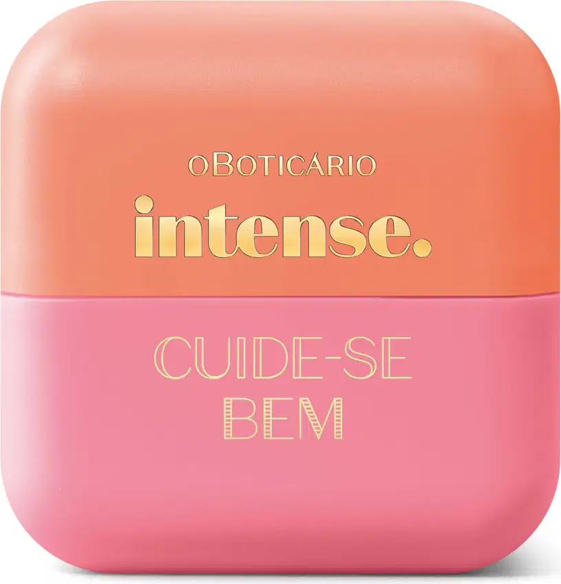Pote compacto com cantos arredondados nas cores rosa e laranja com letras amarelas contendo hidratante labial Intense & Cuide-se Bem Pessegura.