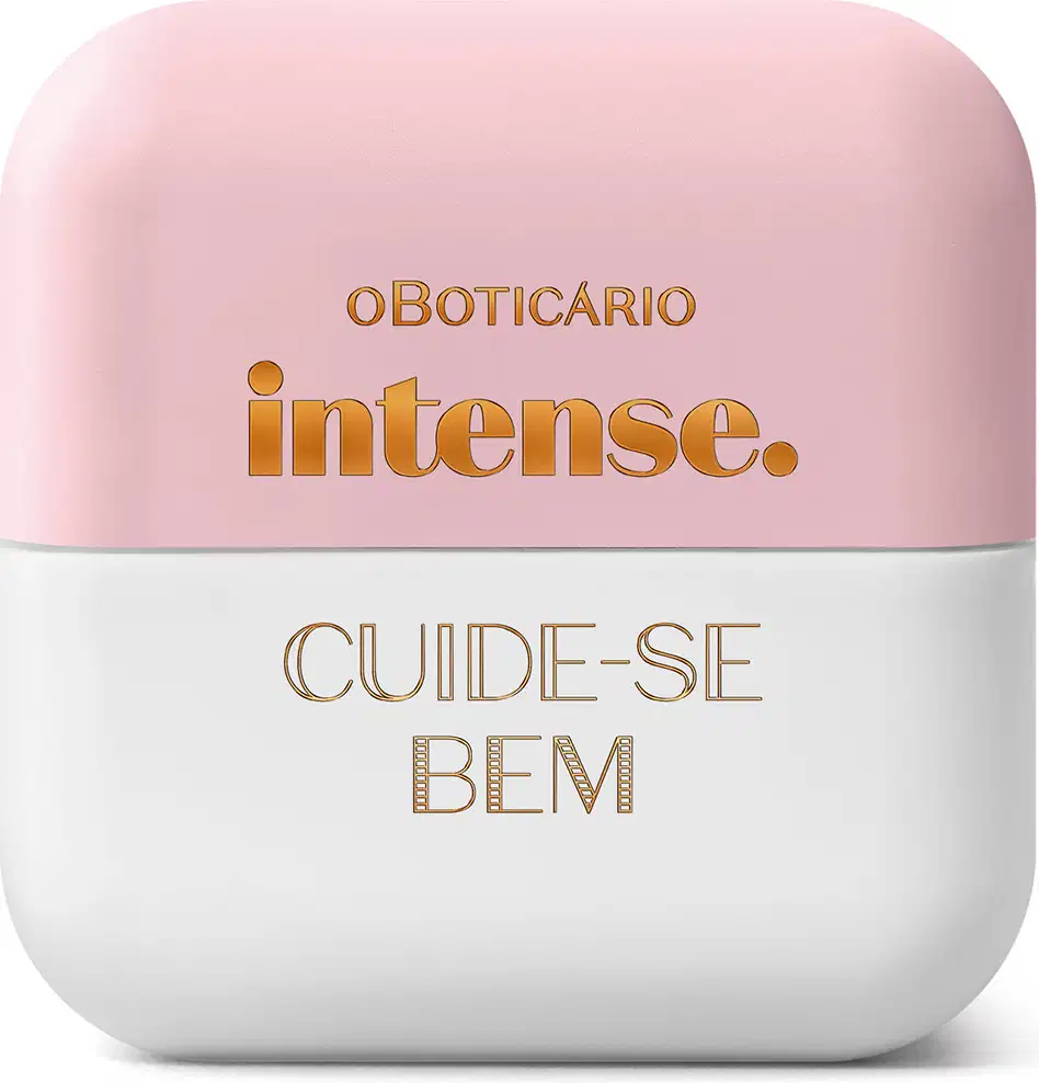 Pote compacto com cantos arredondados naa cores branca e rosa com letras rosas escuras contendo hidratante labial Intense & Cuide-se Bem Deleite.