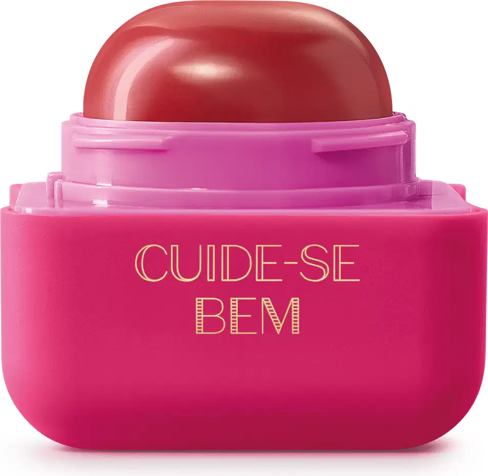 Pote compacto com cantos arredondados em tons de rosa com roll-on rosa escuro contendo hidratante labial Intense & Cuide-se Bem Cereja Livre.