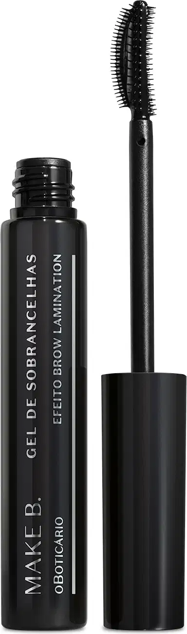 Tubo preto de máscara de sobrancelhas em gel Make.B Brow Lamination, com tampa, haste e escova aplicadora pretas.