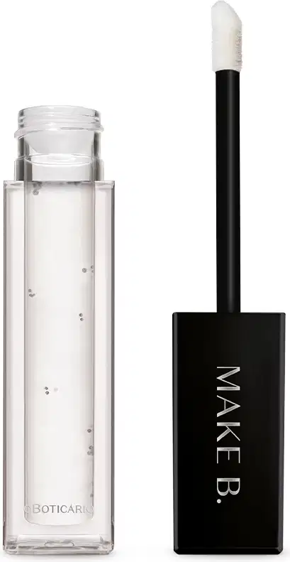 Gloss labial Incolor Crystal Icon da marca Make B. em frasco retangular transparente com líquido brilhante e sem cor, aplicador com ponta arredondada e tampa preta com logo da marca.