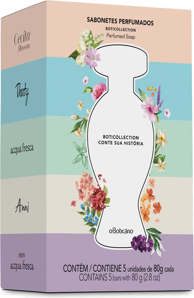 Caixa colorida com flores e logo da marca O Boticário, contendo cinco sabonetes em barra em cores variadas da marca Boticollection, inspirados nas fragrâncias clássicas Cecita Blossom, Thaty, Acqua Fresca e Anni.