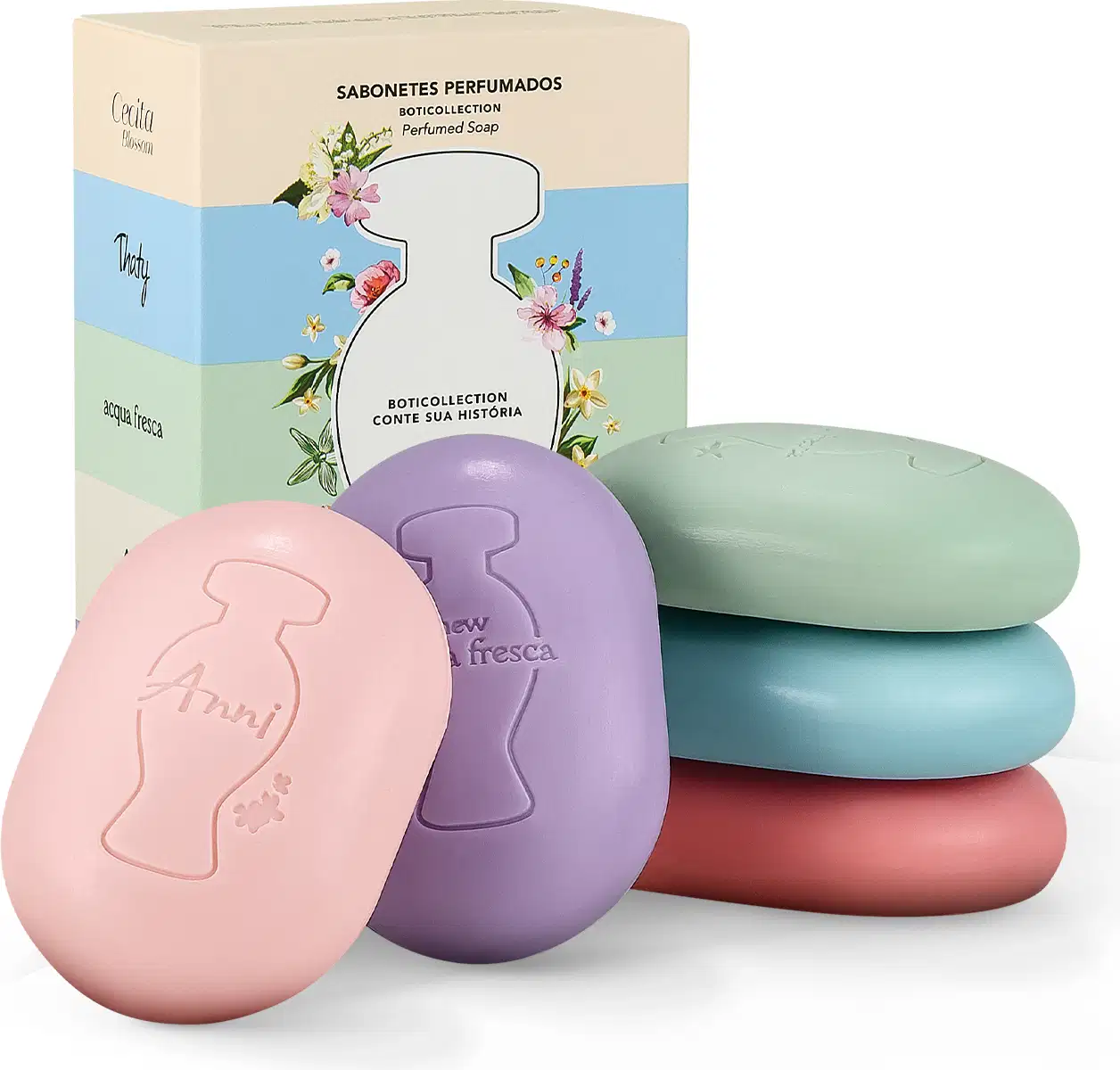Caixa colorida com flores e logo da marca O Boticário, contendo cinco sabonetes em barra em cores variadas da marca Boticollection, inspirados nas fragrâncias clássicas Cecita Blossom, Thaty, Acqua Fresca e Anni.