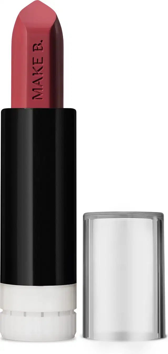 Refil de batom mate na cor Rosa Rose Fabulous, marca Make B., com embalagem preta e branca, apresentado em posição vertical com tampa cilíndrica transparente ao lado, sobre fundo branco.