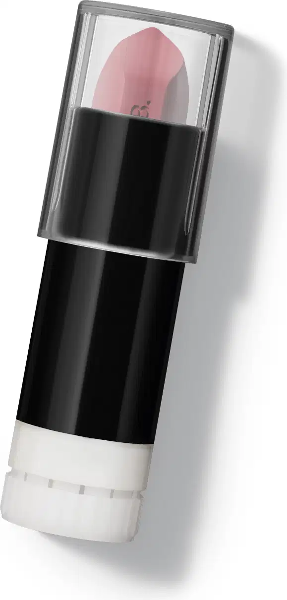 Refil de batom mate rosa Rose Fabulous Make B. em embalagem preta e branca com tampa transparente, posicionado em ângulo sobre superfície branca com sombra.