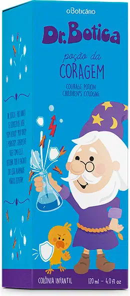 Caixa em tons de azul com ilustração de personagem da marca Dr. Botica contendo um vidro de 120ml de colônia infantil Poção da Coragem da marca Dr. Botica.