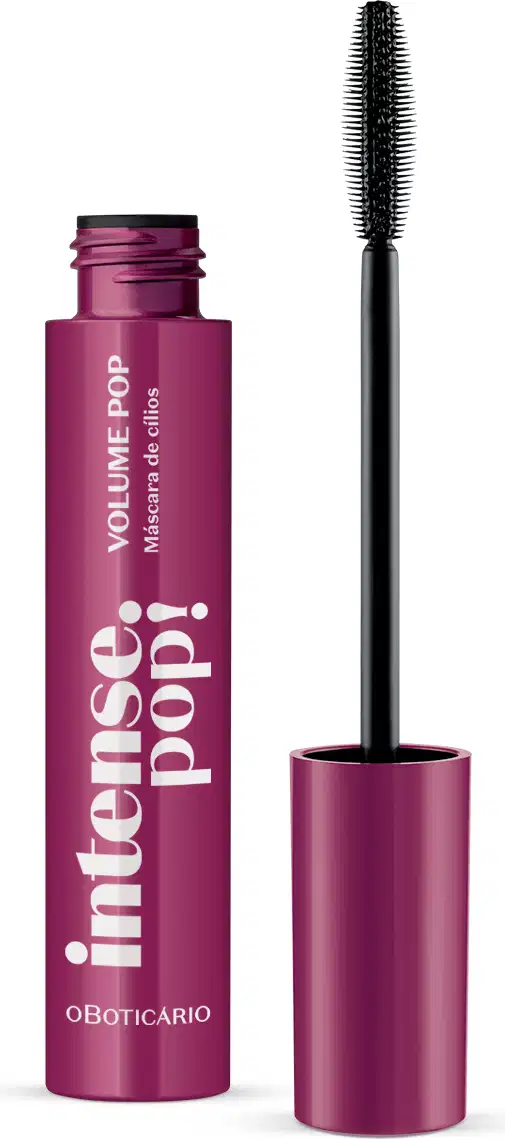Frasco roxo com tampa na mesma cor, letras brancas, haste e escova aplicadora preta contendo 10g de máscara para cílios na cor preta, da marca Intense Pop!