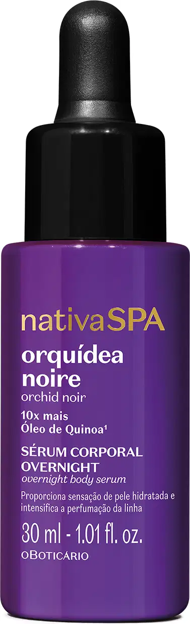 Frasco roxo com conta-gotas preto e letras douradas e brancas contendo 30ml de sérum corporal overnight da marca Nativa SPA Orquídea Noire.