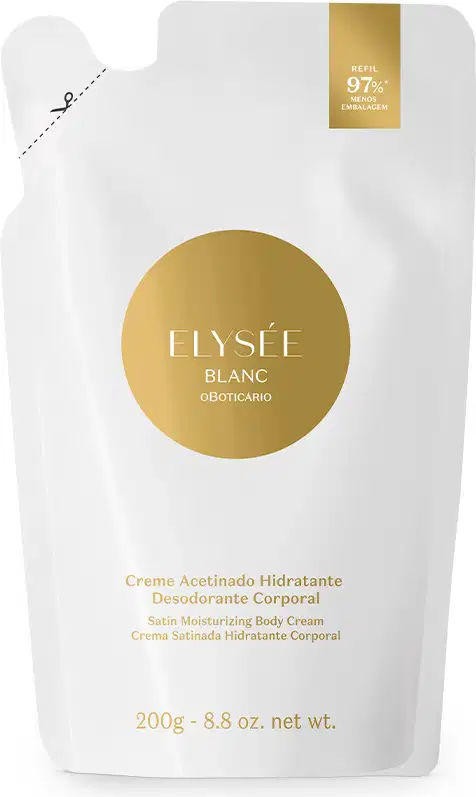 Refil de creme desodorante hidratante corporal acetinado da marca Elysée Blanc em sachê de 200g nas cores branca e dourada.
