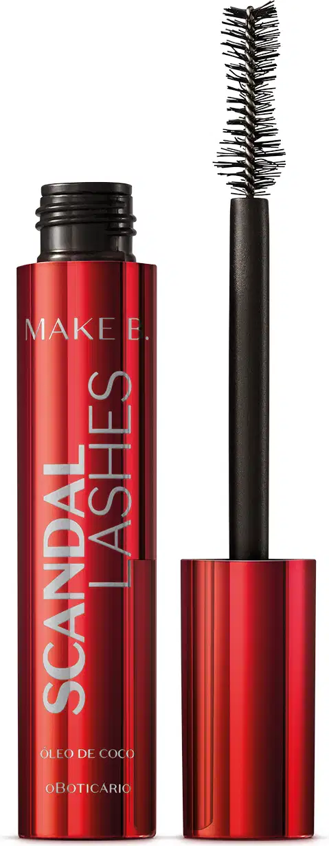 Tubo vermelho metalizado com tampa na mesma cor, letras azuis, haste e escova aplicadora pretas, contendo 10g de máscara de cílios Make B. Scandal Lashes.