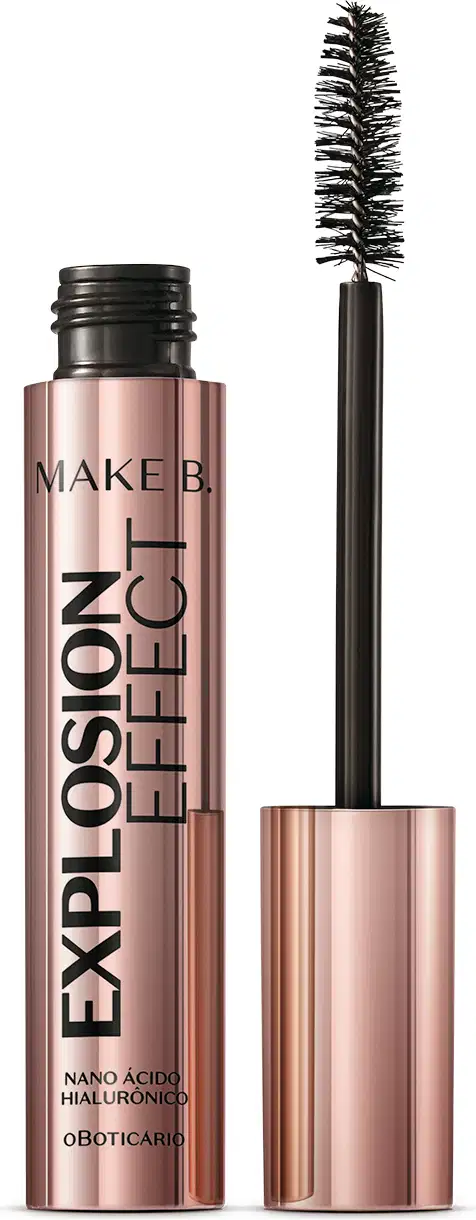 Tubo rosa furta-cor com tampa na mesma tonalidade, letras, haste e escova aplicadora pretas, contendo 10g de máscara de cílios Make B. Explosion Effect.