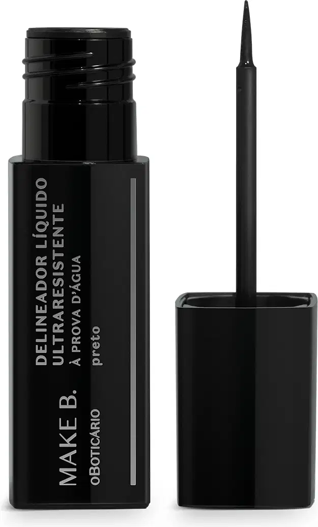 Tubo preto  com letras brancas de delineador líquido para olhos na cor preta da marca Make B., com tampa, haste e aplicador fino.